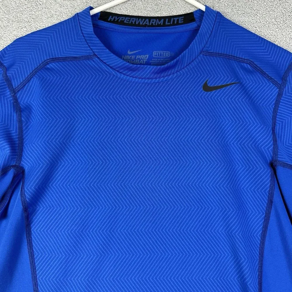 Nike Pro Combat Hyperwarm Shirt Mens M Blue Dri Fit Compression‎ Athletic READ*